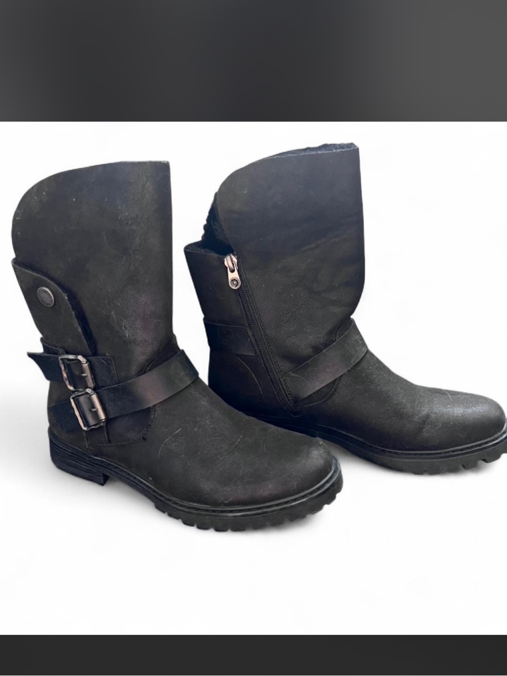 Blowfish Malibu Randall Black faux fur mid-calf biker boots size 9